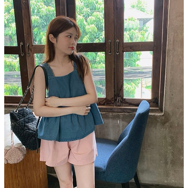 SET ÁO BBD XANH JEAN NƠ SAU LƯNG 2 DÂY BẢN TO + QUẦN SHORT HỒNG LƯNG THUN