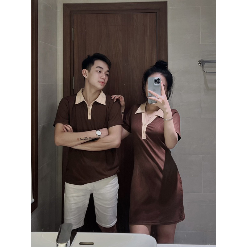 Set đồ đôi váy nữ + áo nam nâu viền be