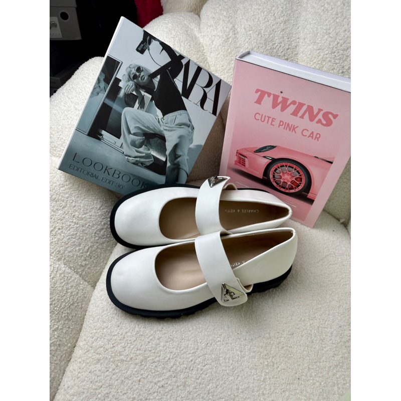 Giày búp bê Cnk Mary Jane đế bánh xe cao 3.5cm khoá tam giác kim loại phong cách mới hàng Fullbox 2023 G05