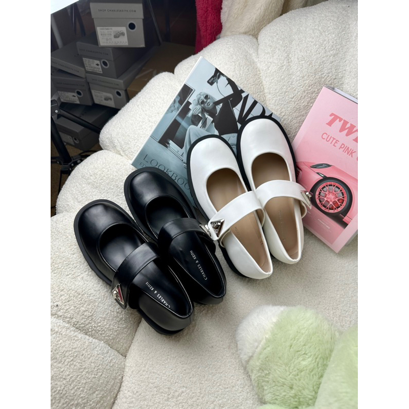 Giày búp bê Cnk Mary Jane đế bánh xe cao 3.5cm khoá tam giác kim loại phong cách mới hàng Fullbox 2023 G05