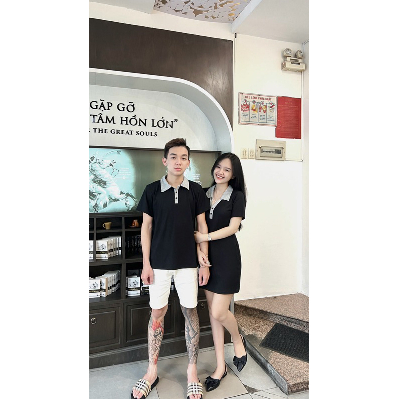 Set đồ đôi váy nữ + áo nam nâu viền be