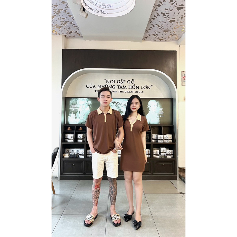 Set đồ đôi váy nữ + áo nam nâu viền be