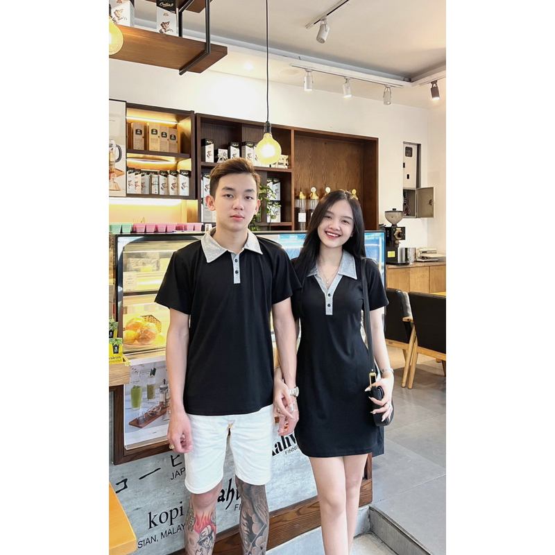 Set đồ đôi váy nữ + áo nam nâu viền be