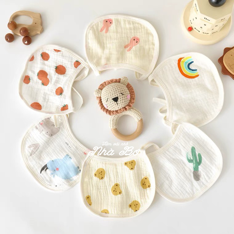 Yếm Vải Xô Muslin 4 Lớp Cao Cấp Sợi Tự Nhiên Họa Tiết Xinh Thấm Hút Tốt Cho Bé Sơ Sinh