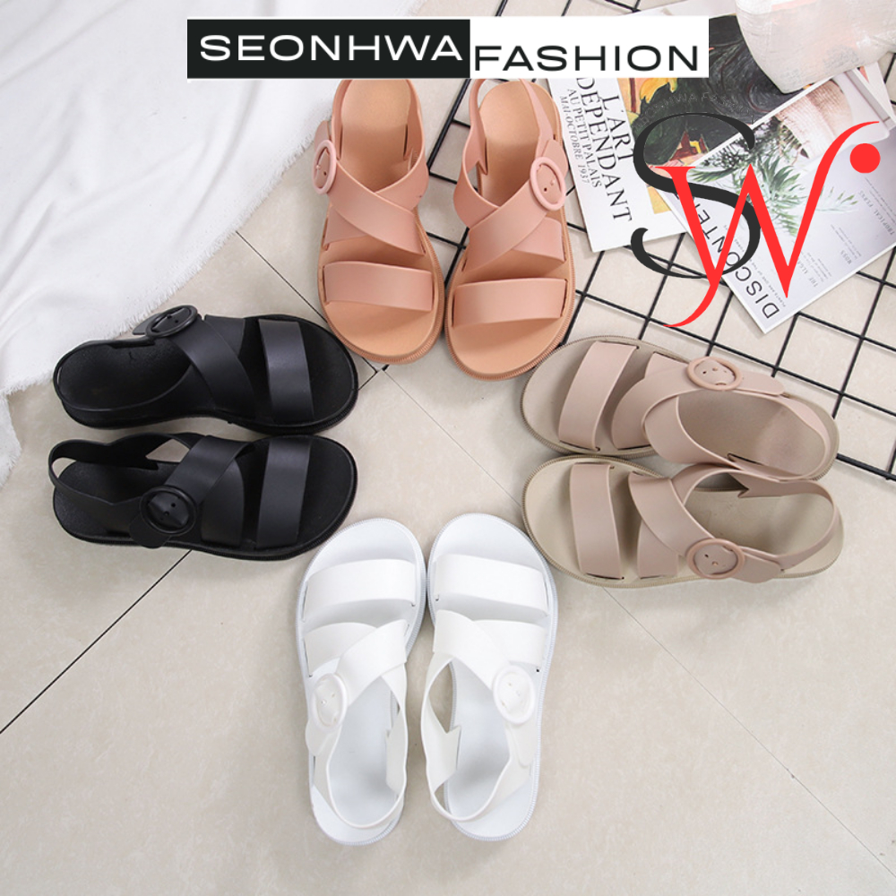 Giày sandal nữ quai hậu SEONHWA cao 3cm chống nước cao su dẻo mềm quai chéo năng động thời trang mới G1819