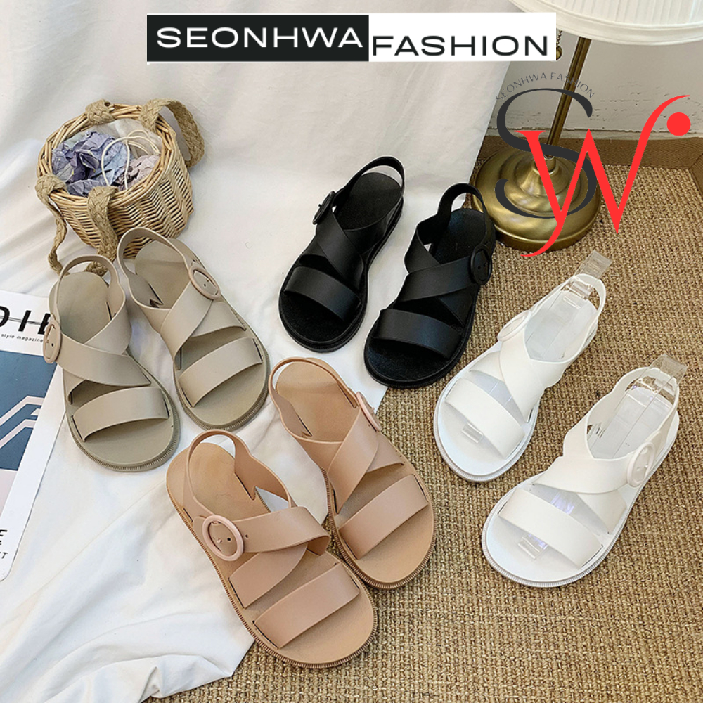 Giày sandal nữ quai hậu SEONHWA cao 3cm chống nước cao su dẻo mềm quai chéo năng động thời trang mới G1819