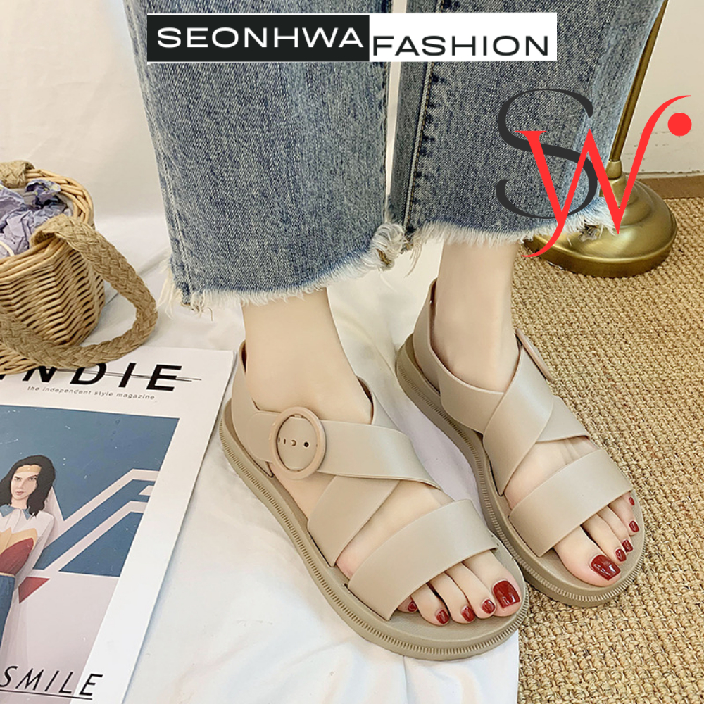 Giày sandal nữ quai hậu SEONHWA cao 3cm chống nước cao su dẻo mềm quai chéo năng động thời trang mới G1819