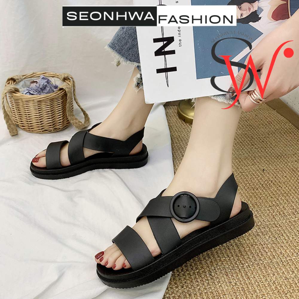 Giày sandal nữ quai hậu SEONHWA cao 3cm chống nước cao su dẻo mềm quai chéo năng động thời trang mới G1819