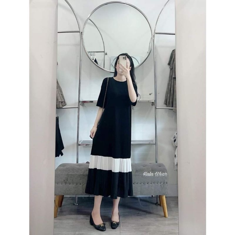 Váy bầu mùa hè dáng xuông phối xếp ly đều, hàng QC - chất vải cotton, điểm nhấn phối 2 màu be và đen.