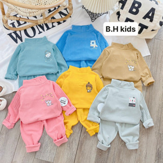 (TĂM DÀY) Bộ quần áo cổ cao dài tay thu đông, chất liệu len tăm họa tiết đơn giản cho bé trai, bé gái size 6-16kg