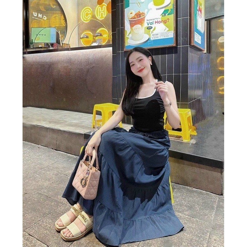 Chân Váy Bò Xòe Tầng Dáng Maxi Cạp Chun Size S M - Halinh Shop - Chân Váy Jean Dáng Dài 3 Tầng Mặc Thu Đông