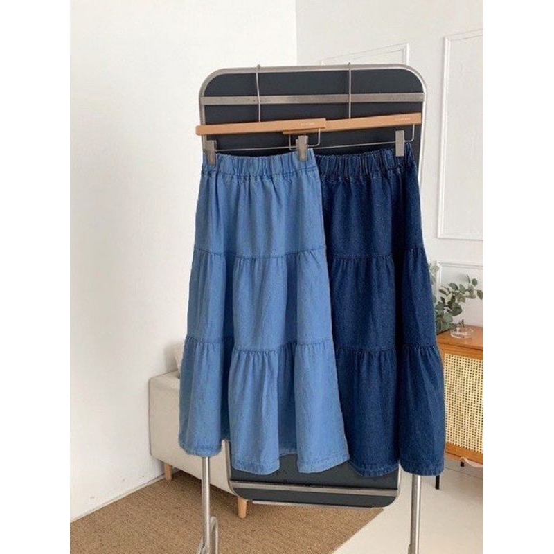 Chân Váy Bò Xòe Tầng Dáng Maxi Cạp Chun Size S M - Halinh Shop - Chân Váy Jean Dáng Dài 3 Tầng Mặc Thu Đông