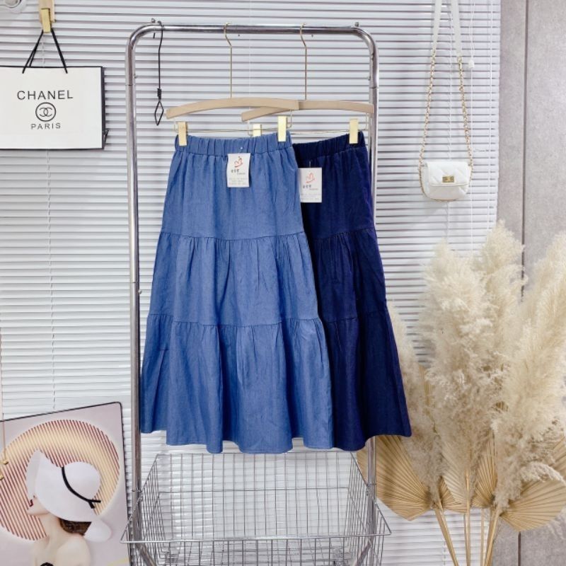 Chân Váy Bò Xòe Tầng Dáng Maxi Cạp Chun Size S M - Halinh Shop - Chân Váy Jean Dáng Dài 3 Tầng Mặc Thu Đông