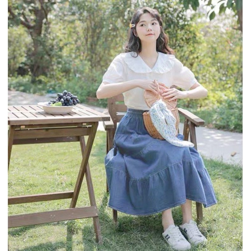 Chân Váy Bò Xòe Tầng Dáng Maxi Cạp Chun Size S M - Halinh Shop - Chân Váy Jean Dáng Dài 3 Tầng Mặc Thu Đông