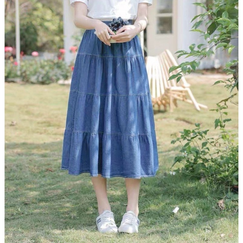 Chân Váy Bò Xòe Tầng Dáng Maxi Cạp Chun Size S M - Halinh Shop - Chân Váy Jean Dáng Dài 3 Tầng Mặc Thu Đông