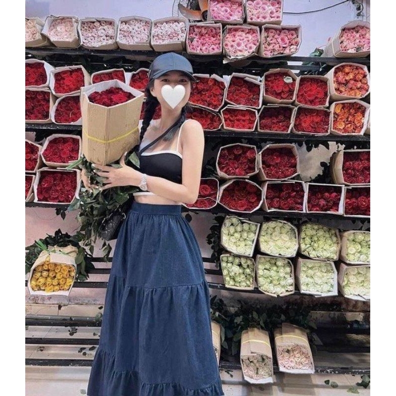 Chân Váy Bò Xòe Tầng Dáng Maxi Cạp Chun Size S M - Halinh Shop - Chân Váy Jean Dáng Dài 3 Tầng Mặc Thu Đông