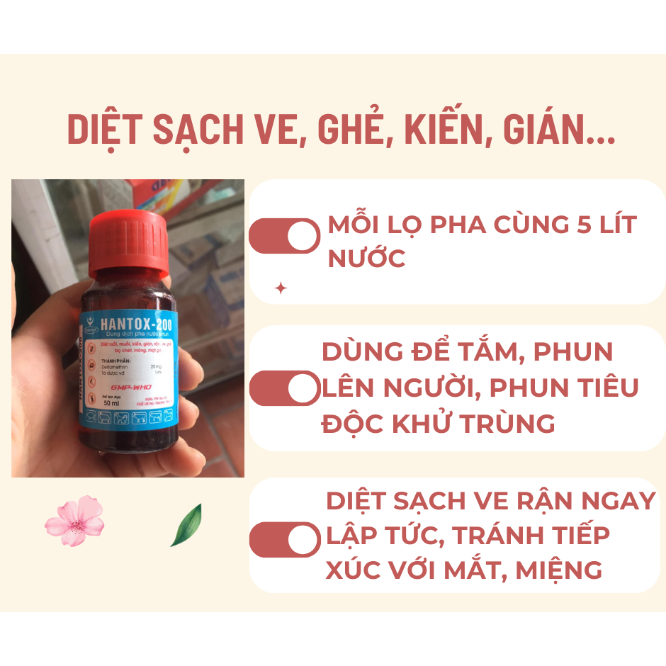 Hantox 50ml tẩy sạch ve ghẻ bọ chét trâu bò dê cừu chó mèo