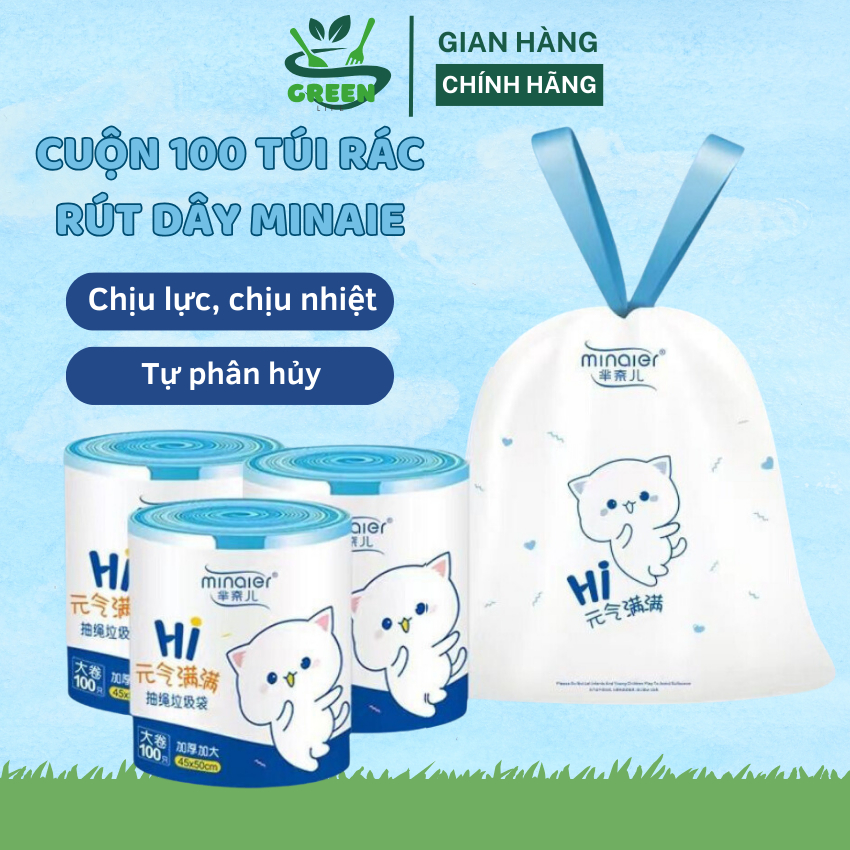Túi Đựng Rác Dây Rút Minaie Chống Rò Rỉ Nước, Cuộn 100 Túi Siêu Dai Không Sợ Bẩn Tay Kích Thước 45*50Cm