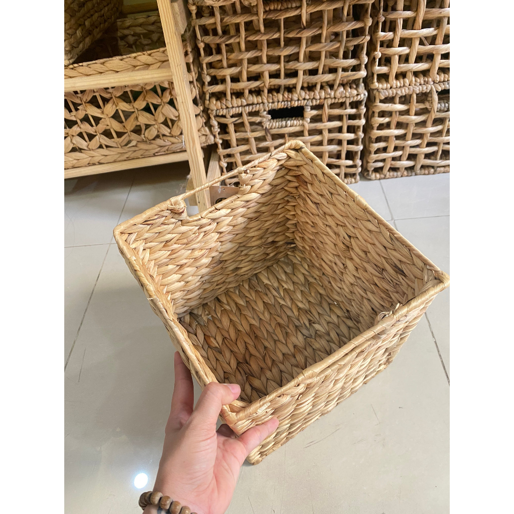 Giỏ cói lục bình mẫu vuông, khung sắt có tay cầm, khay đựng đa năng, hộc tủ đựng sách, sắp xếp nhà cửa, sọt đựng đồ