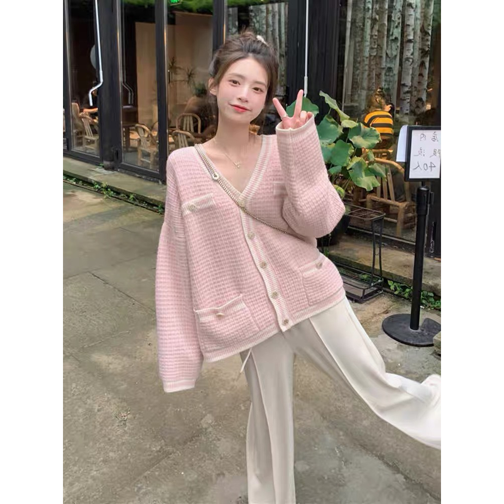 Áo khoác cardigan len màu hồng dễ thương form dài dáng rộng chất len mịn Quảng Châu Devil Princess deliz
