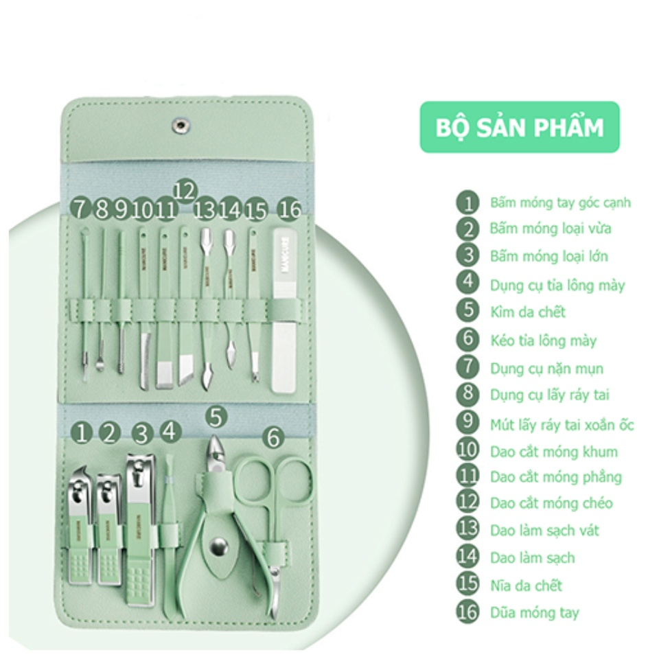 Bộ Cắt Móng Tay 16 Món, Dụng Cụ Làm Nail Bằng Thép Không Gỉ. Đa Năng Nhiều Chức Năng Tiện Ích Dễ Sử Dụng