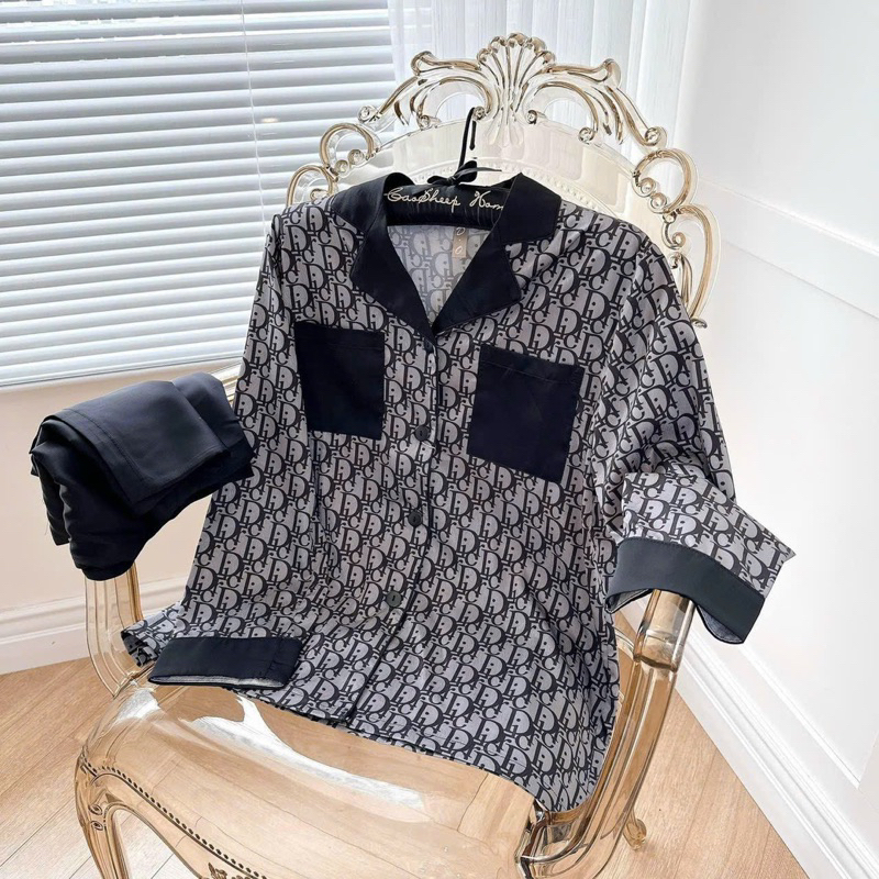 Đồ bộ mặc nhà  gấu xanh phong cách quảng châu- Chất liệu gấm xước