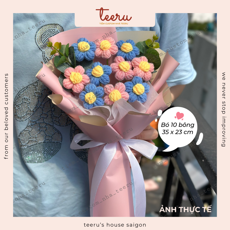 Hoa Len lưu ly, bó hoa len 5 CÁNH tặng tốt nghiệp, người yêu handmade  - Crochet Teeru's House