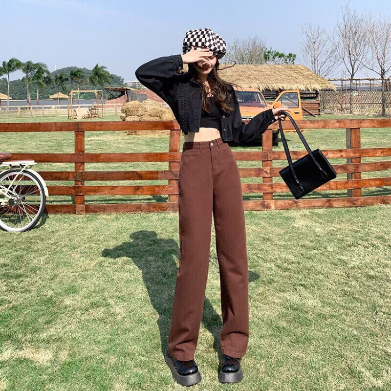 Quần jean bò ống suông rộng xuông nữ đứng loe jeans cạp cao style