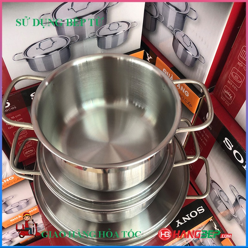 Bộ Nồi Inox SONY 3 Món, Nồi đa năng sử dụng được bếp Từ-bếp Điện-Bếp Gas