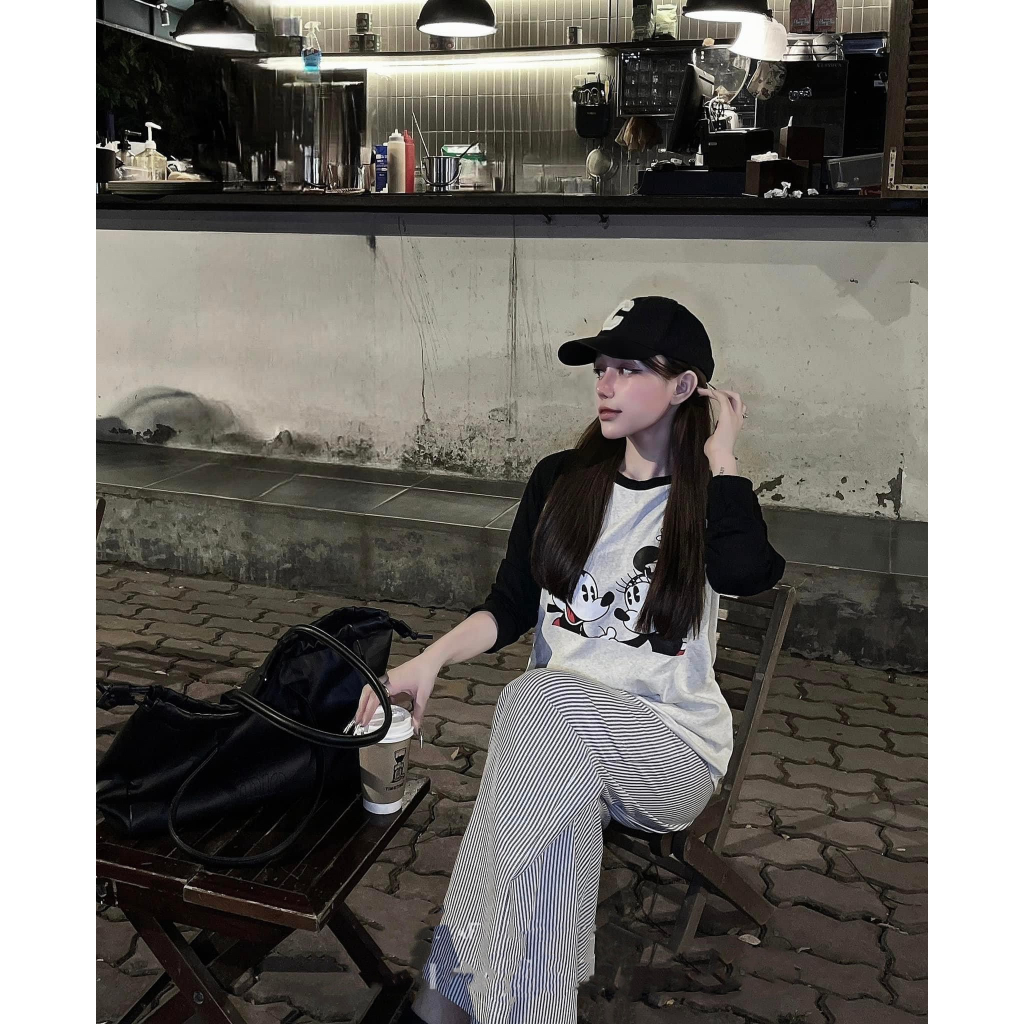 Set Áo Mickey Chất Cotton Tàu, Mix Quần Kẻ Thô Dáng Xuông Siêu Cá Tính