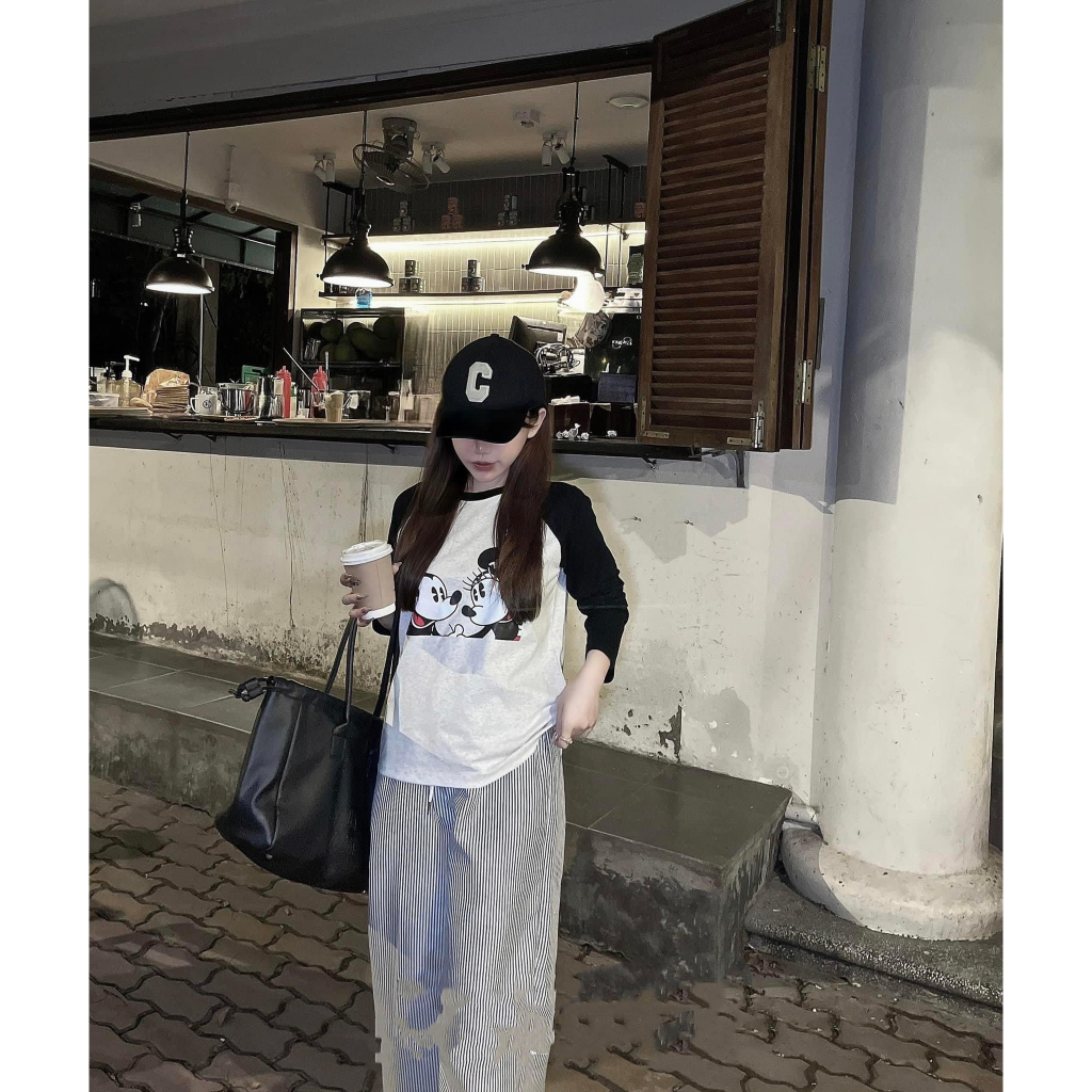 Set Áo Mickey Chất Cotton Tàu, Mix Quần Kẻ Thô Dáng Xuông Siêu Cá Tính