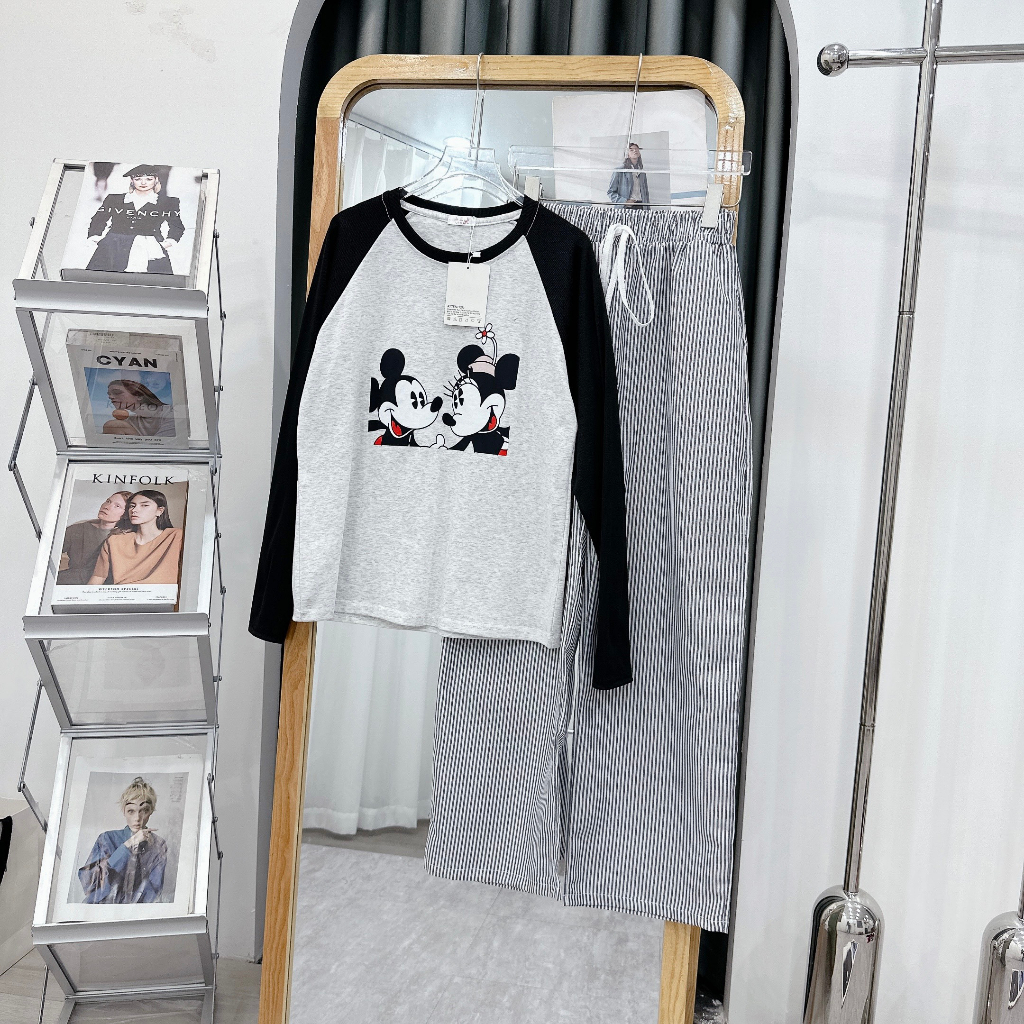 Set Áo Mickey Chất Cotton Tàu, Mix Quần Kẻ Thô Dáng Xuông Siêu Cá Tính