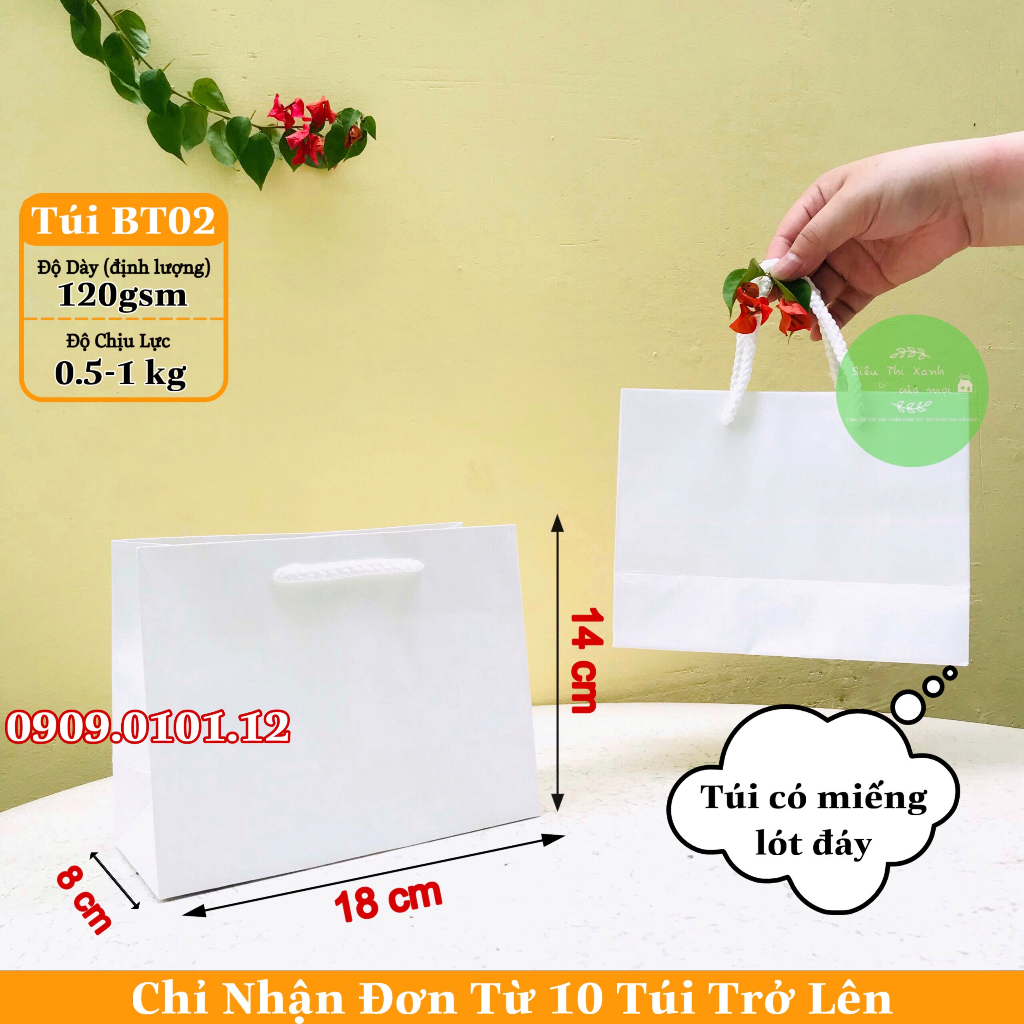 Túi kraft trắng quai dù chắc chắn, túi giấy màu trắng đựng mỹ phẩm điện thoại dày dép sang trọng