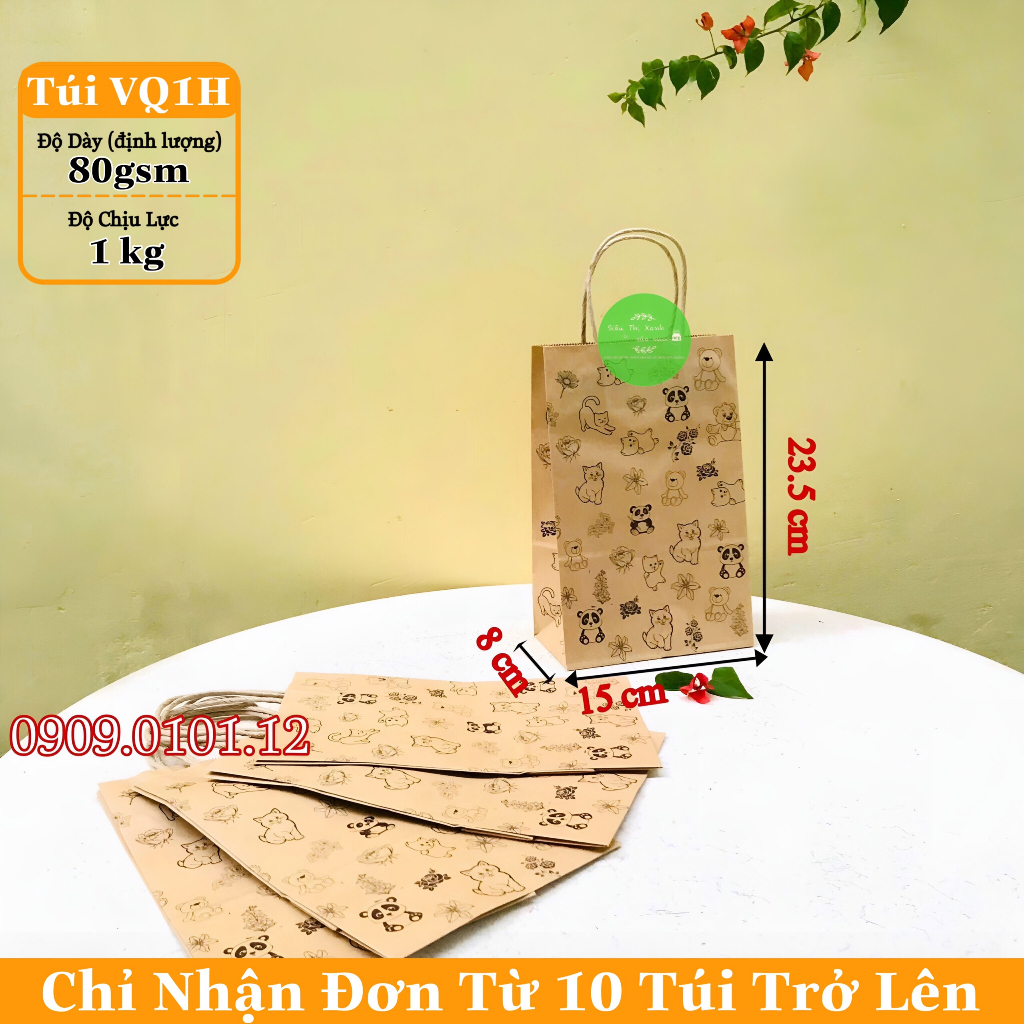 Túi giấy xi măng đựng quà có họa tiết gấu, túi kraft bảo vệ môi trường có hình dễ thương