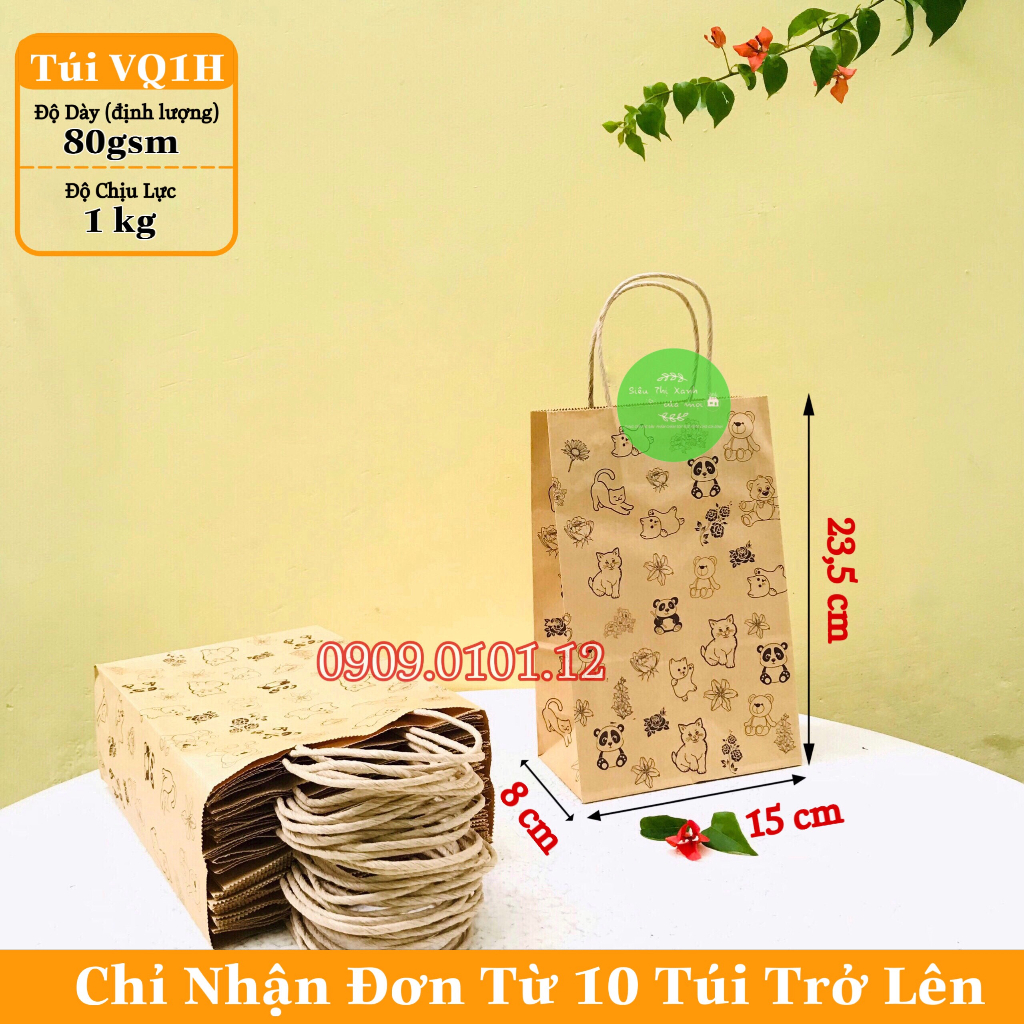 Túi giấy xi măng đựng quà có họa tiết gấu, túi kraft bảo vệ môi trường có hình dễ thương