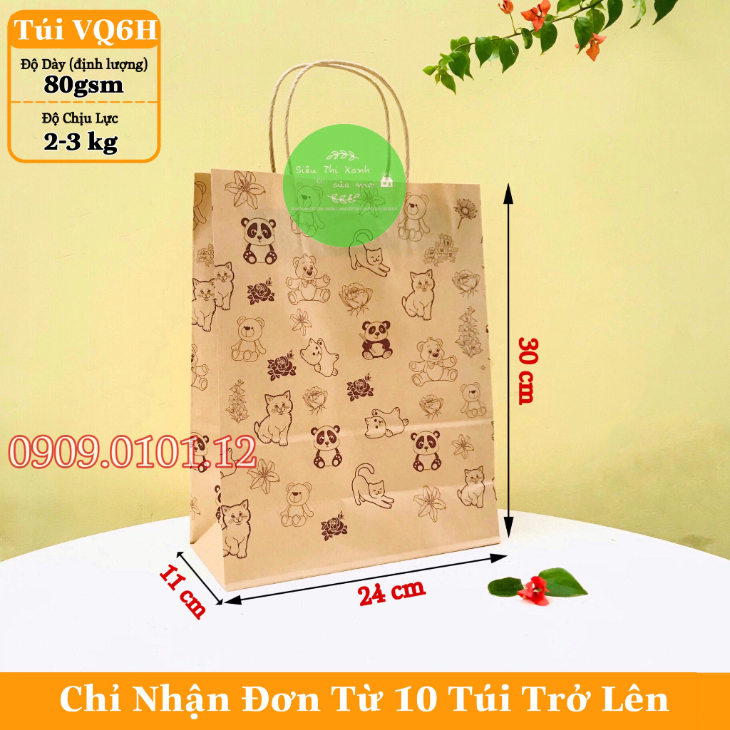 Túi giấy xi măng đựng quà có họa tiết gấu, túi kraft bảo vệ môi trường có hình dễ thương