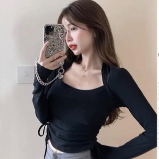Áo thun rút eo cổ vuông siêu hack dáng chất cotton zip Aries Offical
