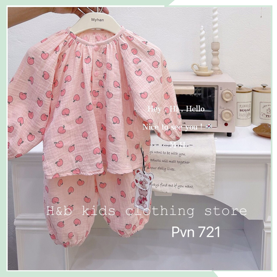 Bộ dài tay vải xô Muslin, bộ quần áo ngủ cho bé gái BBG102