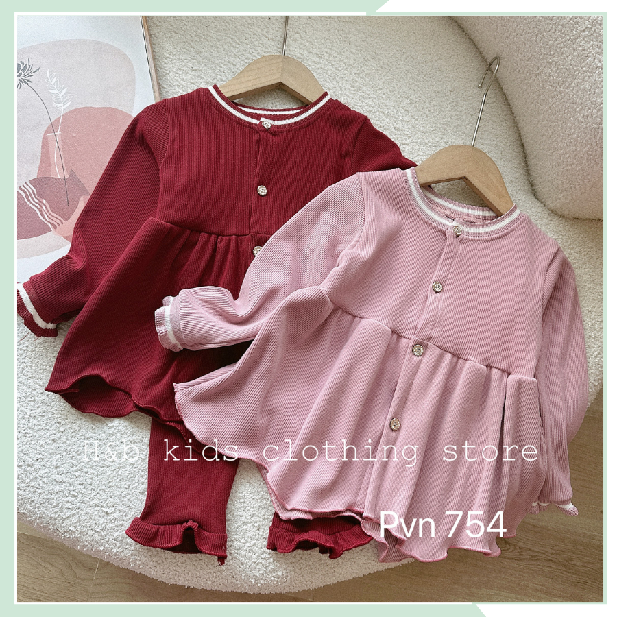 Bộ thu đông cho bé gái, Set babydoll nhung tăm gấu bèo dài tay BBG103