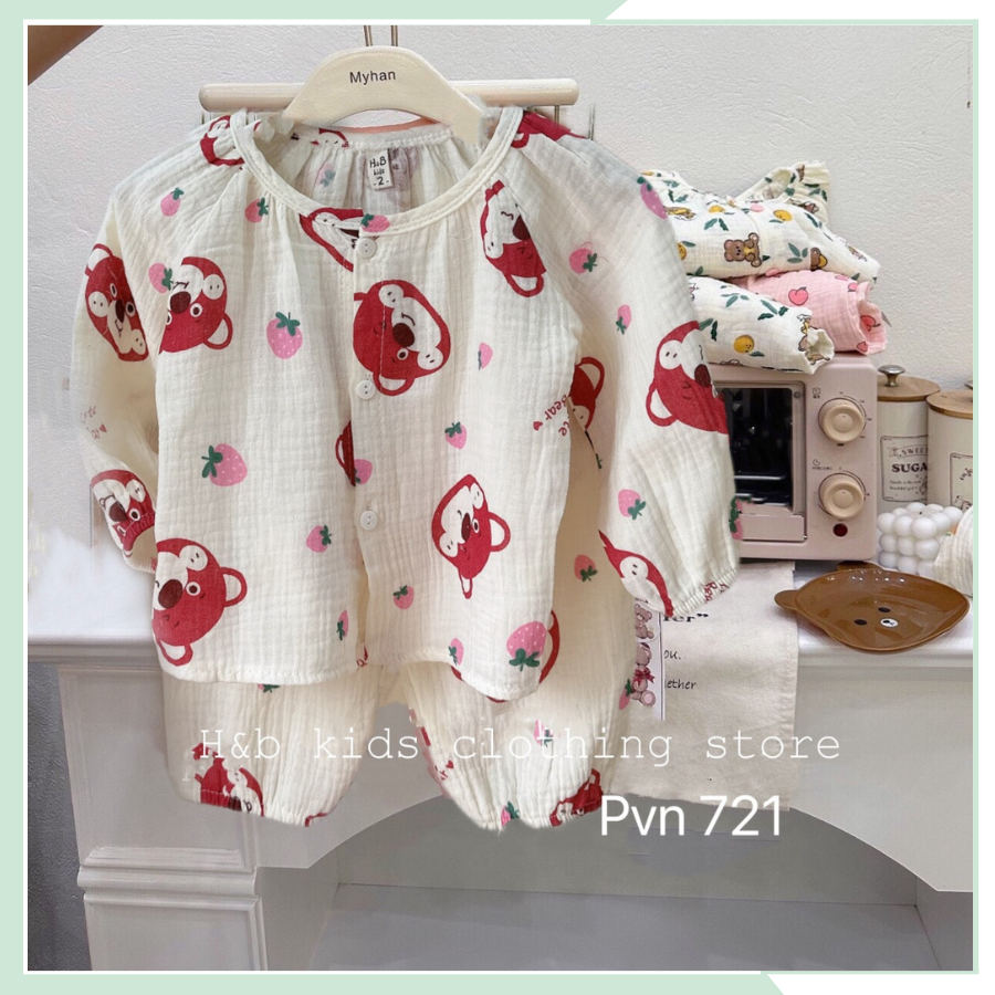 Bộ dài tay vải xô Muslin, bộ quần áo ngủ cho bé gái BBG102