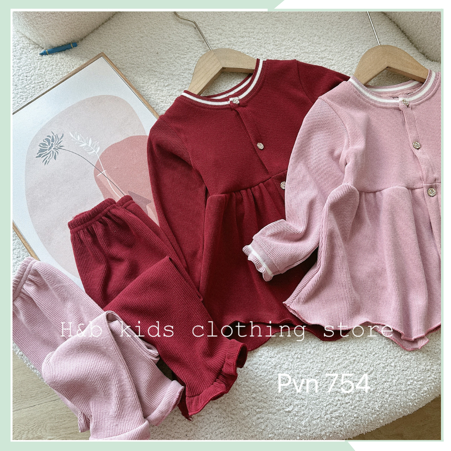 Bộ thu đông cho bé gái, Set babydoll nhung tăm gấu bèo dài tay BBG103