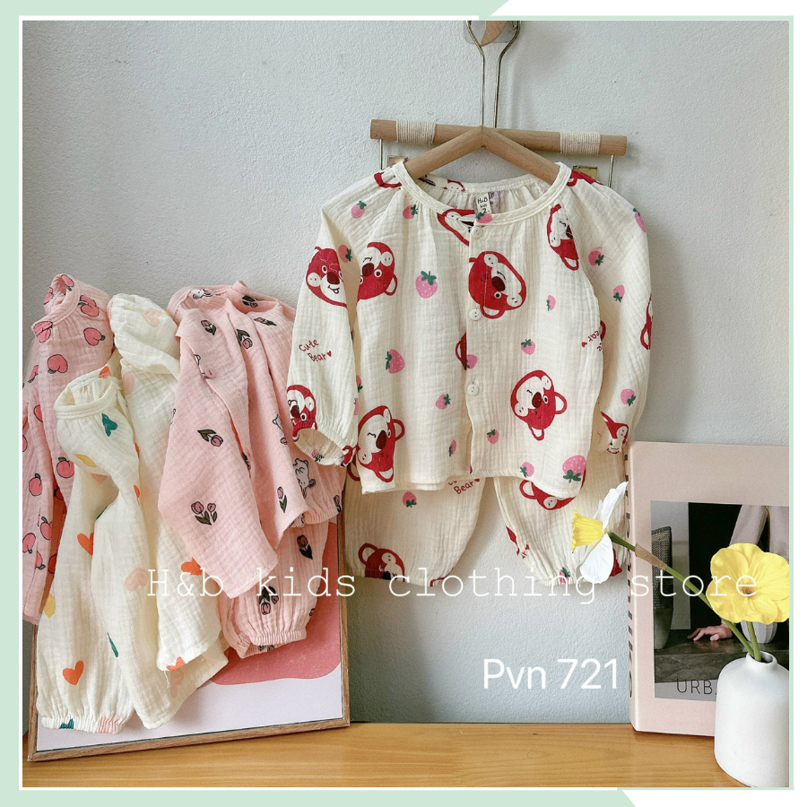 Bộ dài tay vải xô Muslin, bộ quần áo ngủ cho bé gái BBG102