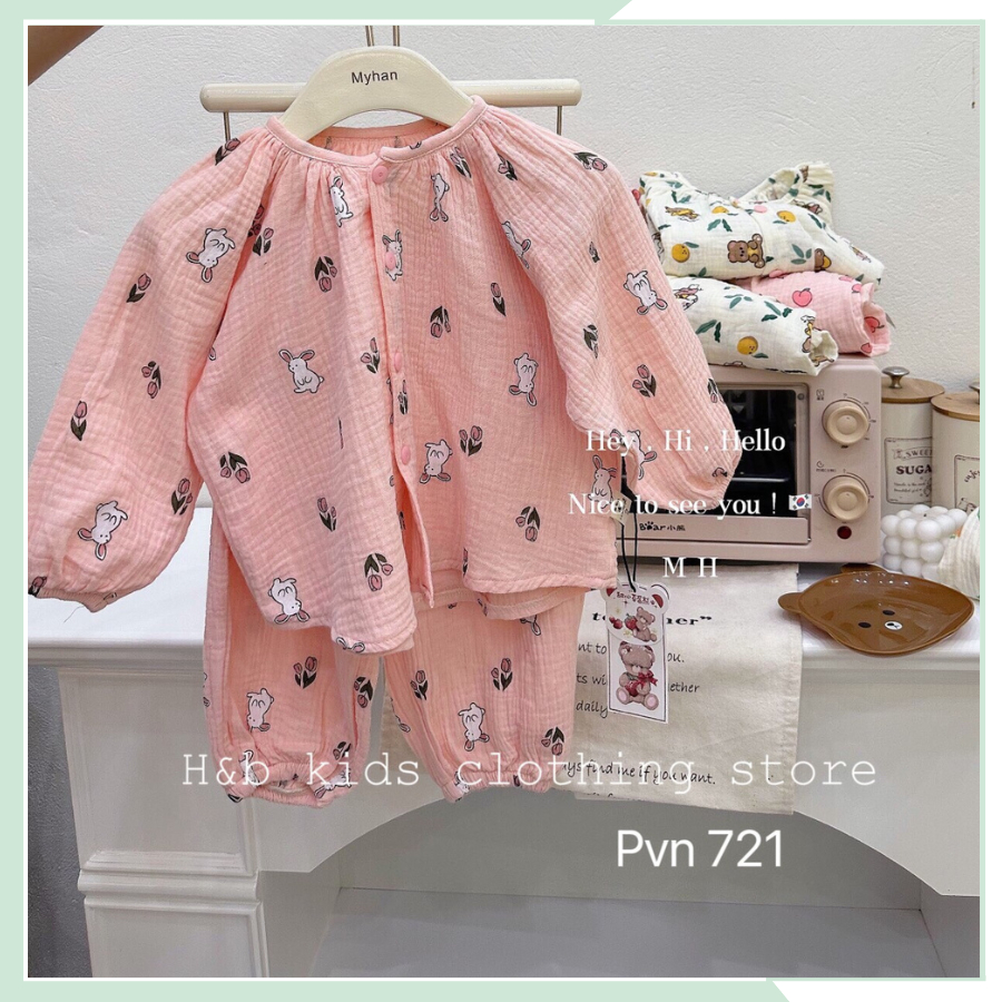 Bộ dài tay vải xô Muslin, bộ quần áo ngủ cho bé gái BBG102