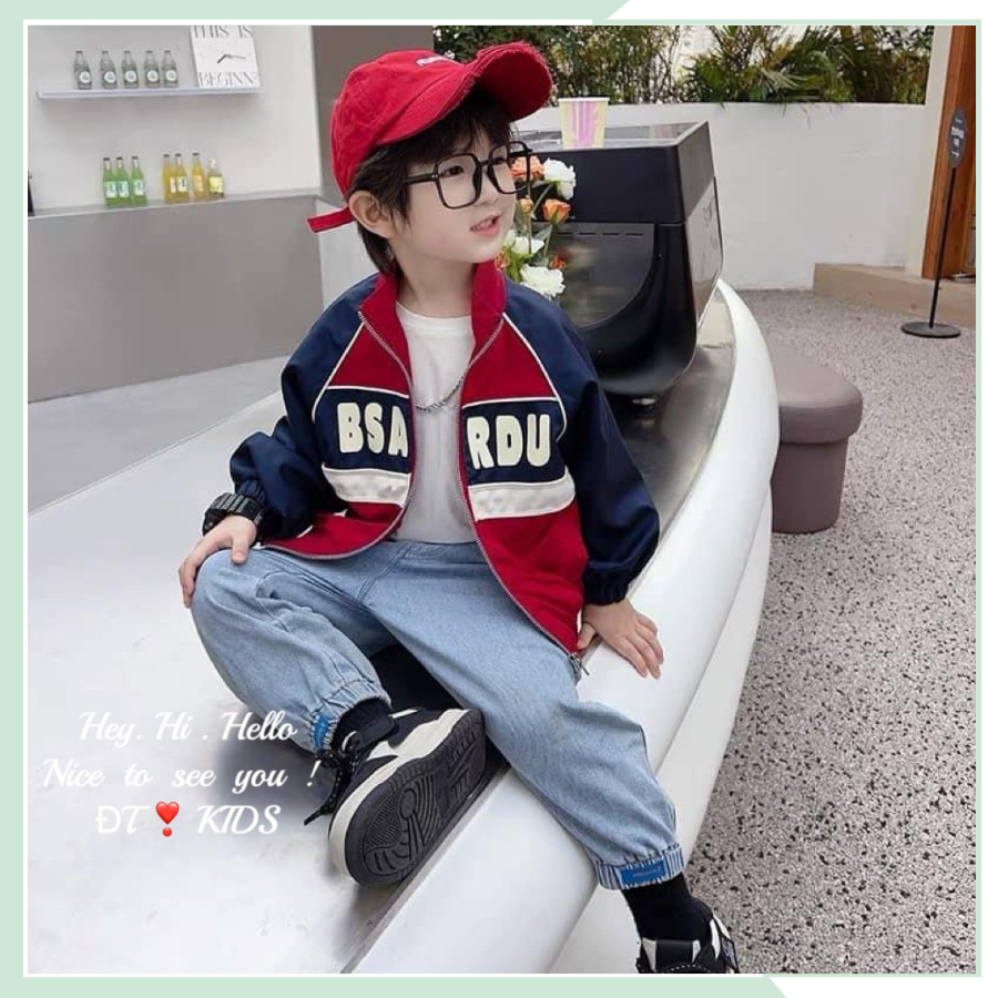 Áo khoác gió hai lớp cho bé trai, bé gái, áo khoác boomber đỏ dài tay ABS AK12