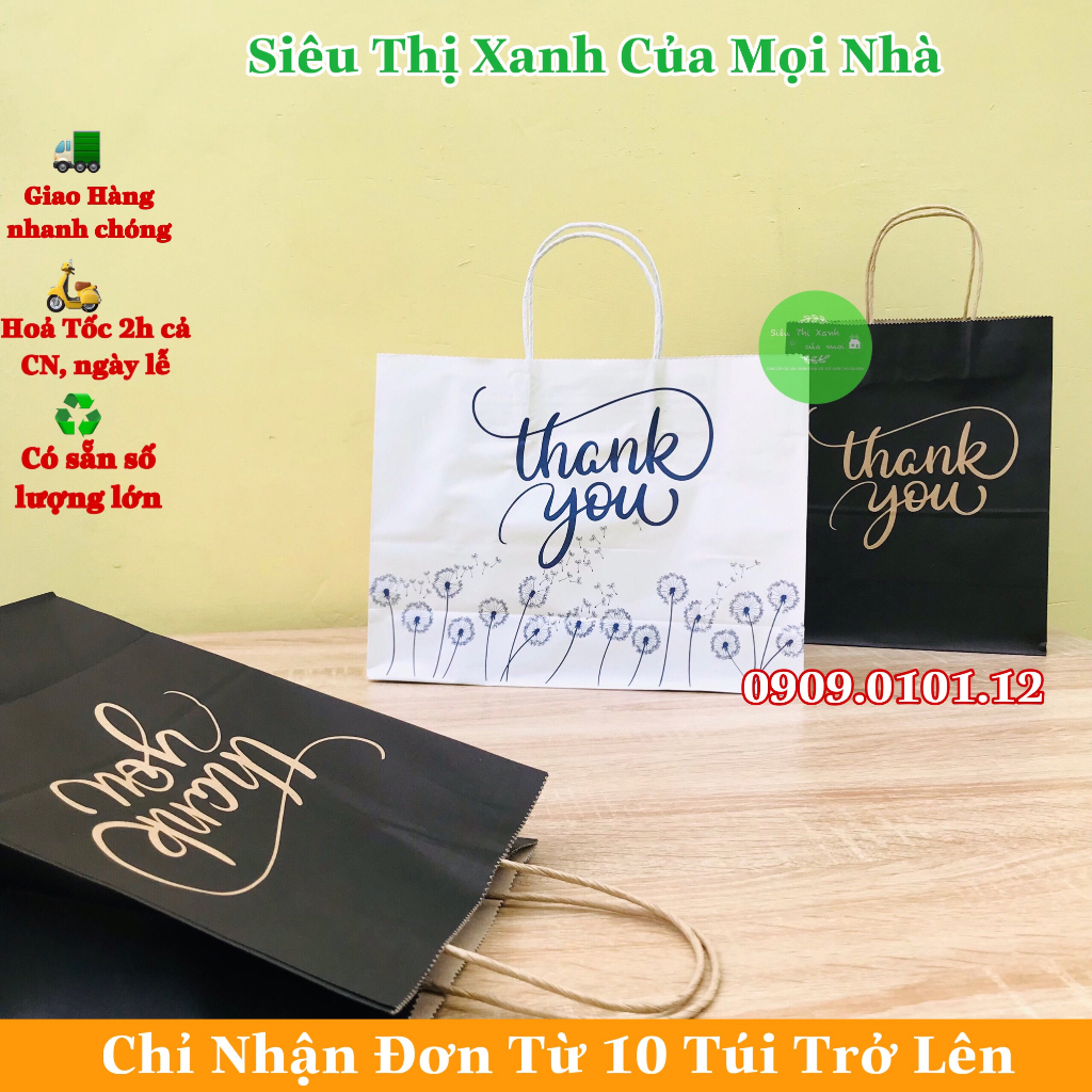 Túi giấy màu đen, túi kraft màu đen thank you, túi họa tiết cảm ơn dễ thương, sticker cảm ơn