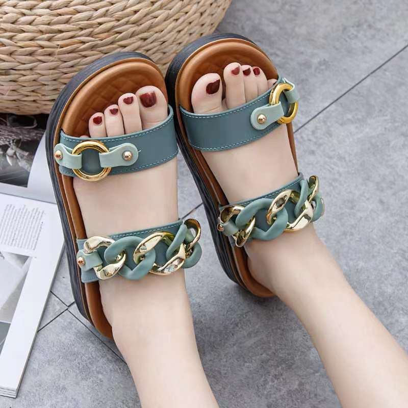Dép nữ hai quai phối dây xích hiện đại thời trang đế cao 4cm