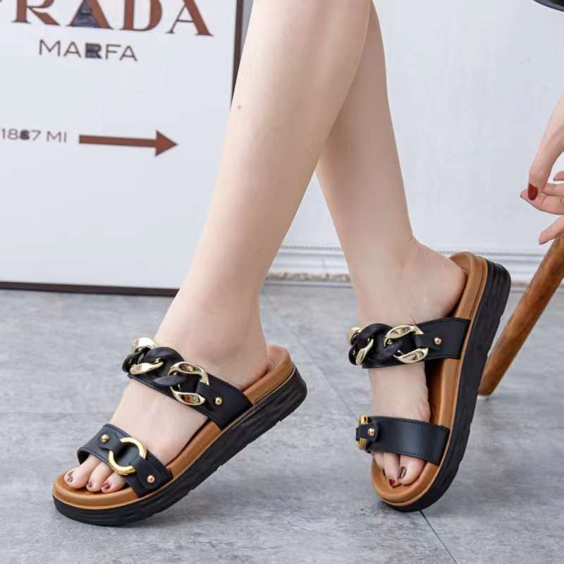 Dép nữ hai quai phối dây xích hiện đại thời trang đế cao 4cm