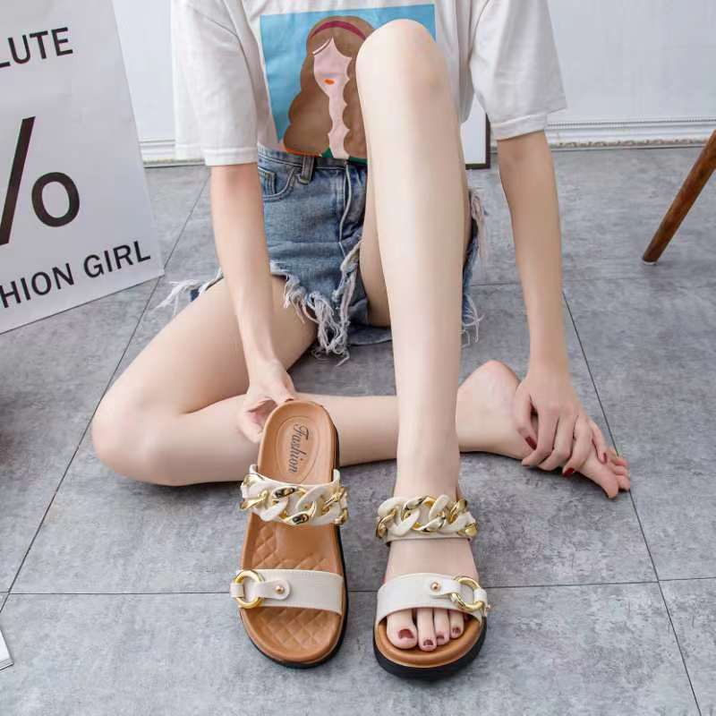 Dép nữ hai quai phối dây xích hiện đại thời trang đế cao 4cm