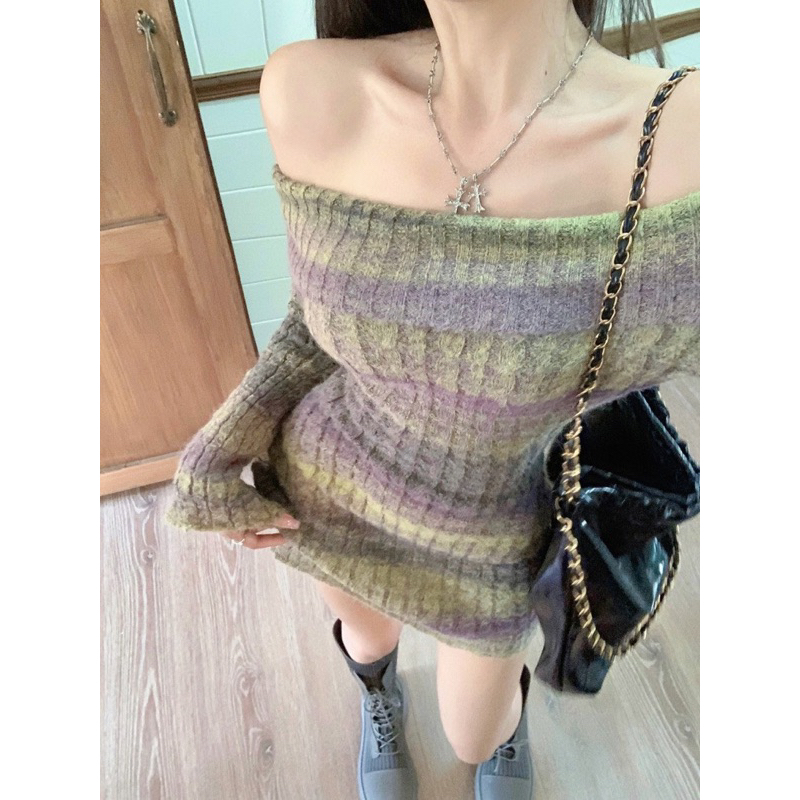 Đầm Body Len Loang Tím Rêu Trễ Vai