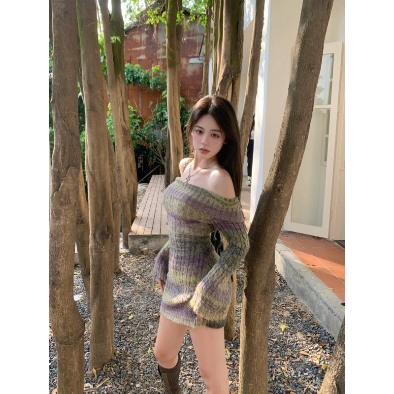 Đầm Body Len Loang Tím Rêu Trễ Vai